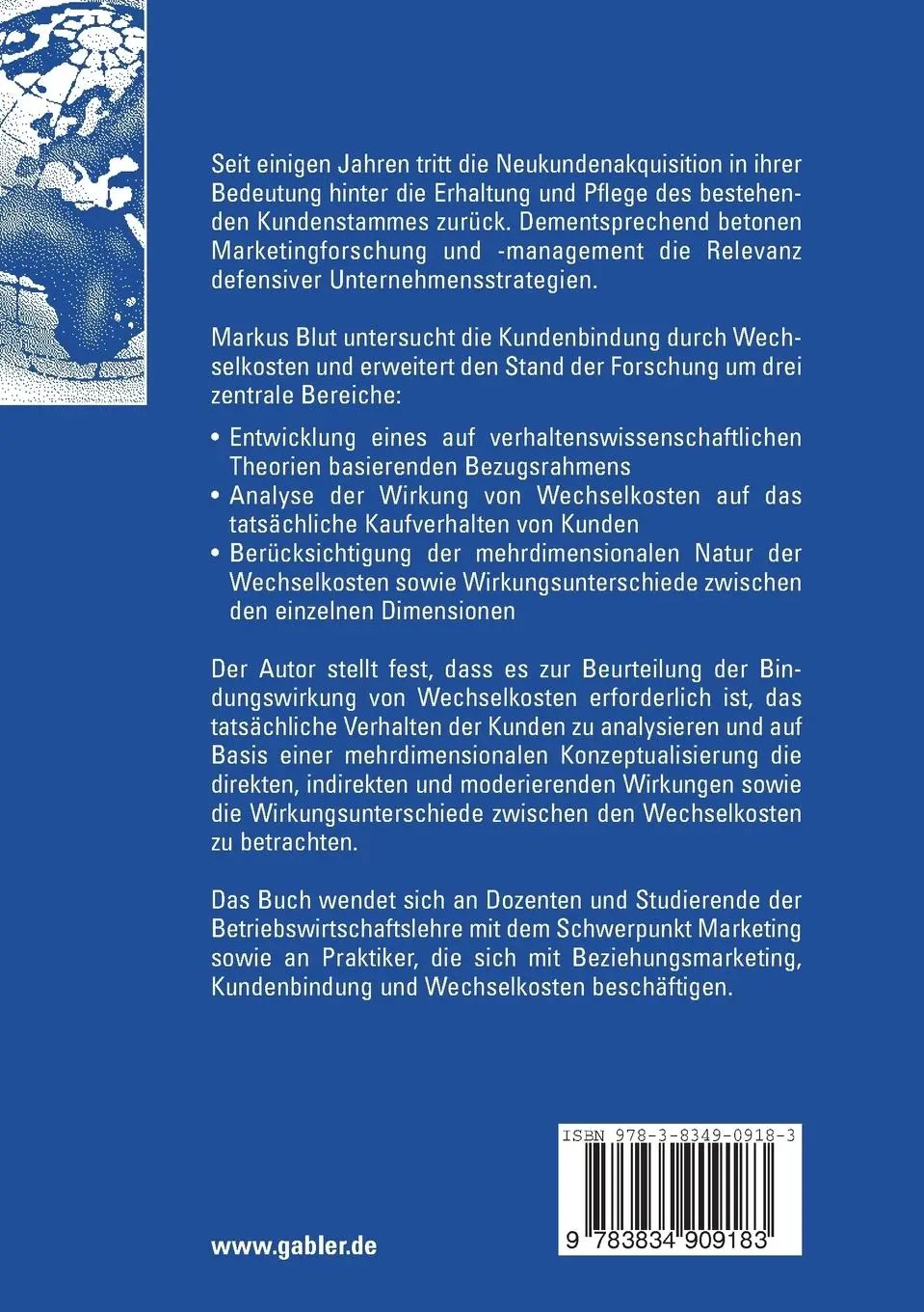 Rückseite: 9783834909183 | Der Einfluss von Wechselkosten auf die Kundenbindung | Markus Blut