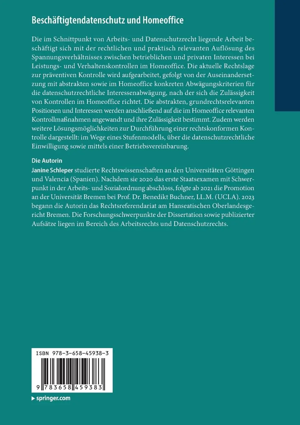 Rückseite: 9783658459383 | Beschäftigtendatenschutz und Homeoffice | Janine Schleper | Buch | xvi