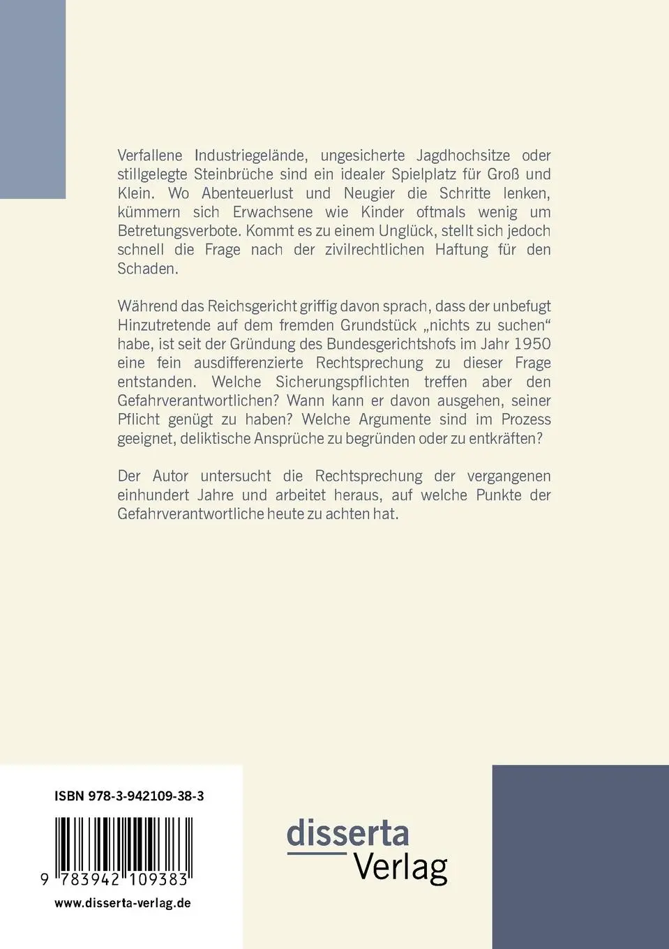 Rückseite: 9783942109383 | Die Verkehrssicherungspflicht auf privaten Grundstücken - Haftung...