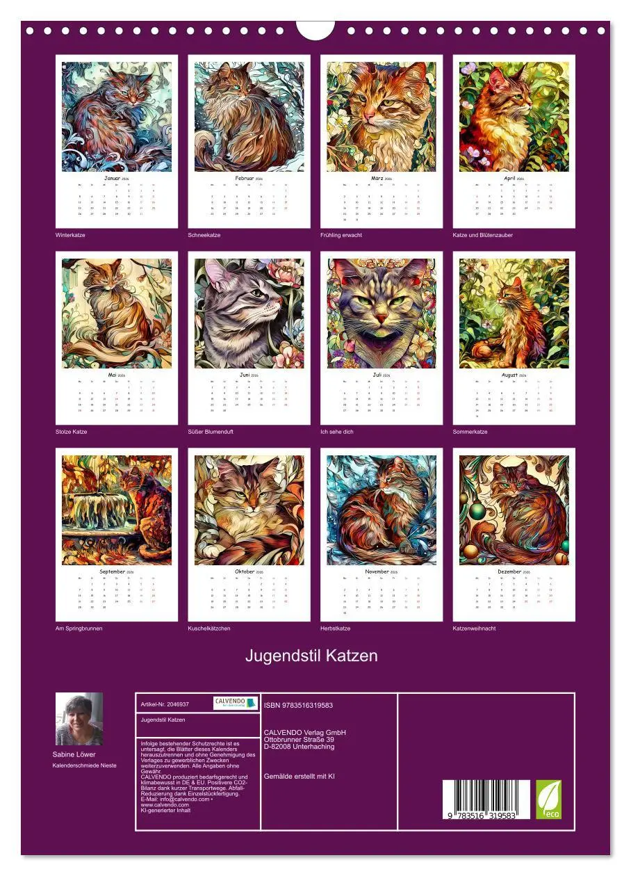 Bild: 9783516319583 | Jugendstil Katzen (Wandkalender 2026 DIN A3 hoch), CALVENDO...