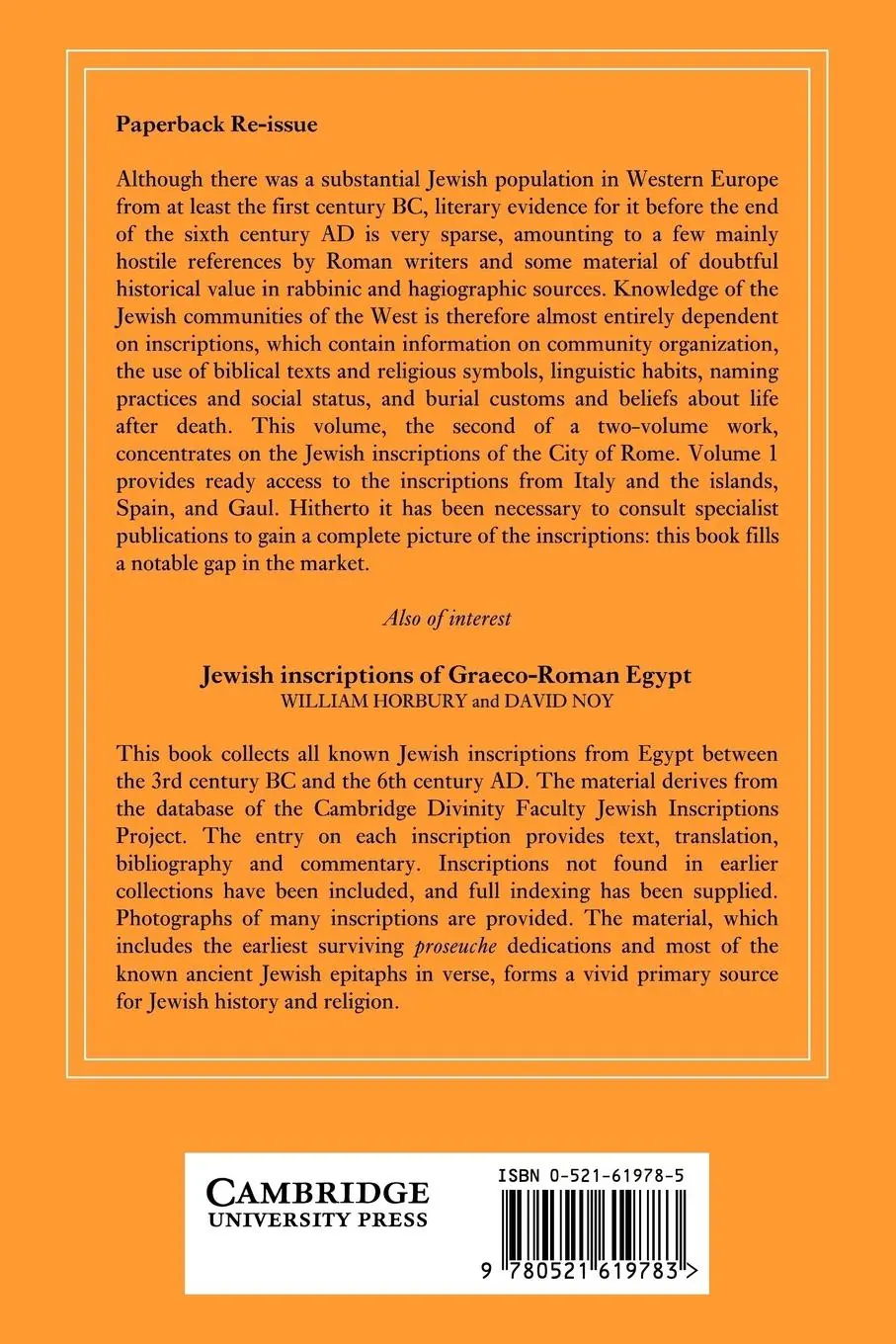 Rückseite: 9780521619783 | Jewish Inscriptions of Western Europe | Volume 2, the City of Rome