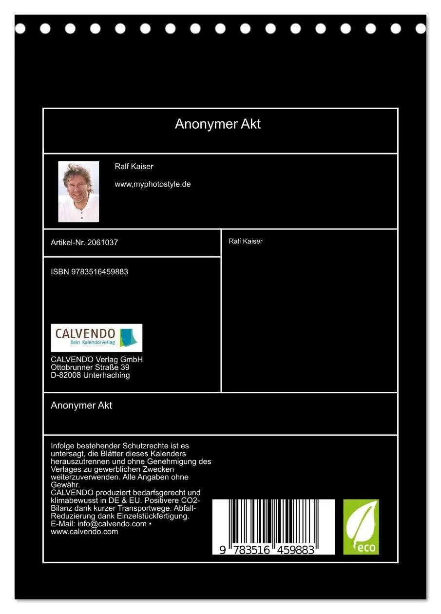 Bild: 9783516459883 | Anonymer Akt (Tischkalender 2026 DIN A5 hoch), CALVENDO Monatskalender