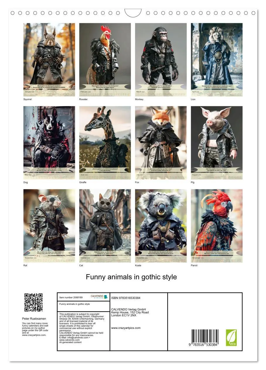 Bild: 9783516530384 | Funny animals in gothic style (Wall Calendar 2026 DIN A3 portrait),...