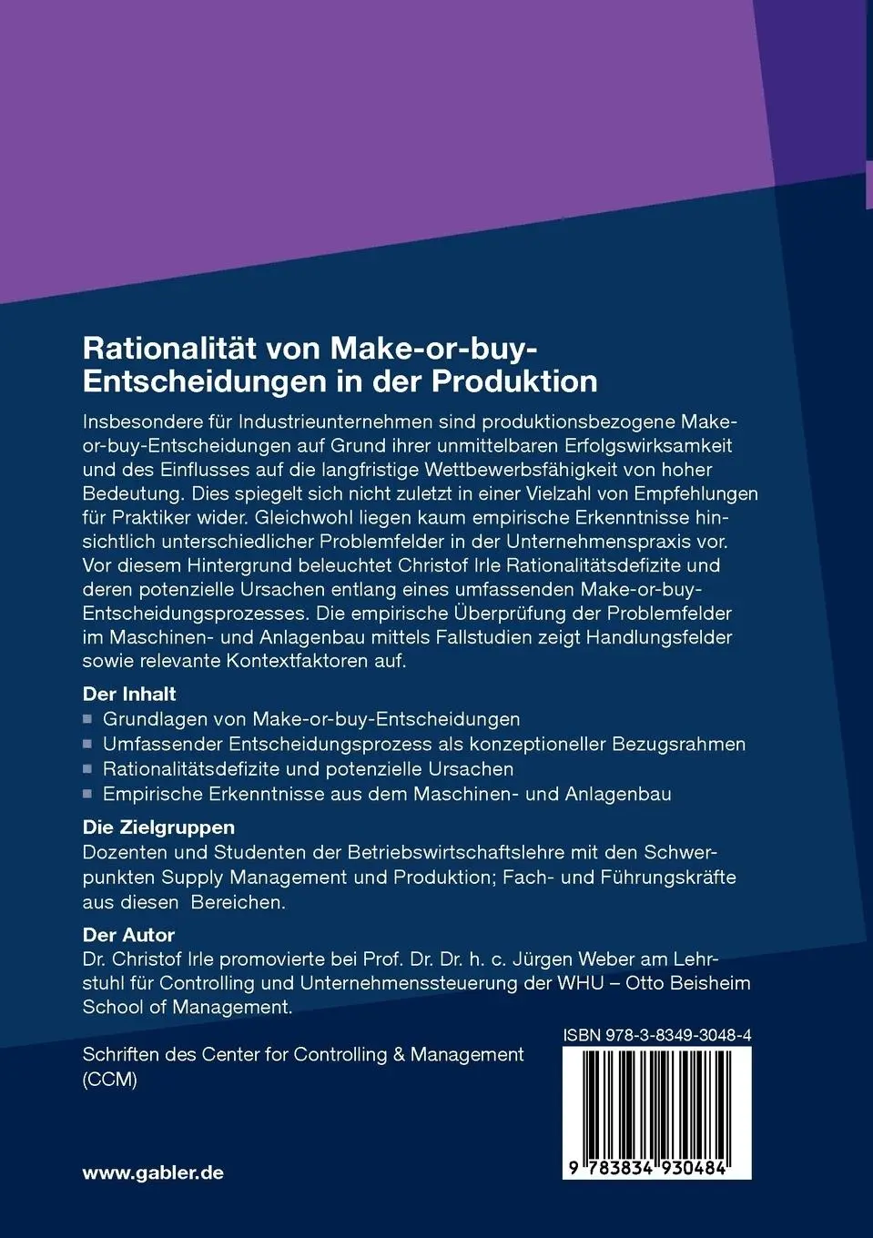 Rückseite: 9783834930484 | Rationalität von Make-or-buy-Entscheidungen in der Produktion | Irle