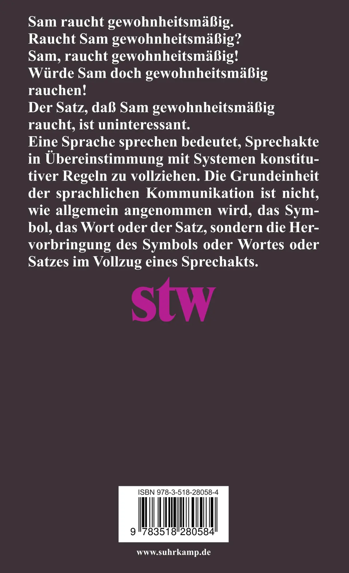 Rückseite: 9783518280584 | Sprechakte | Ein sprachphilosophischer Essay | John R. Searle | Buch