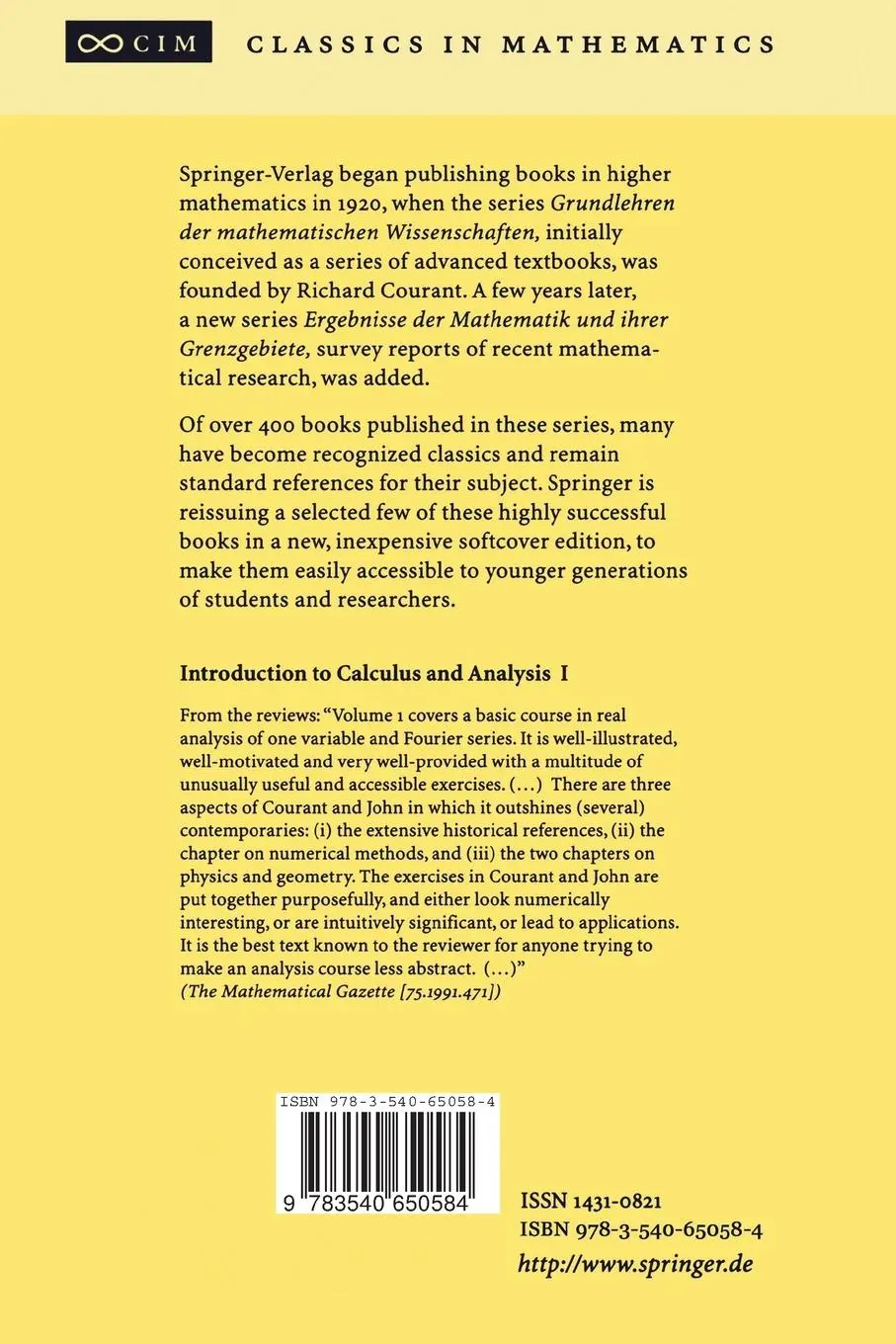 Rückseite: 9783540650584 | Introduction to Calculus and Analysis I | Fritz John (u. a.) | Buch