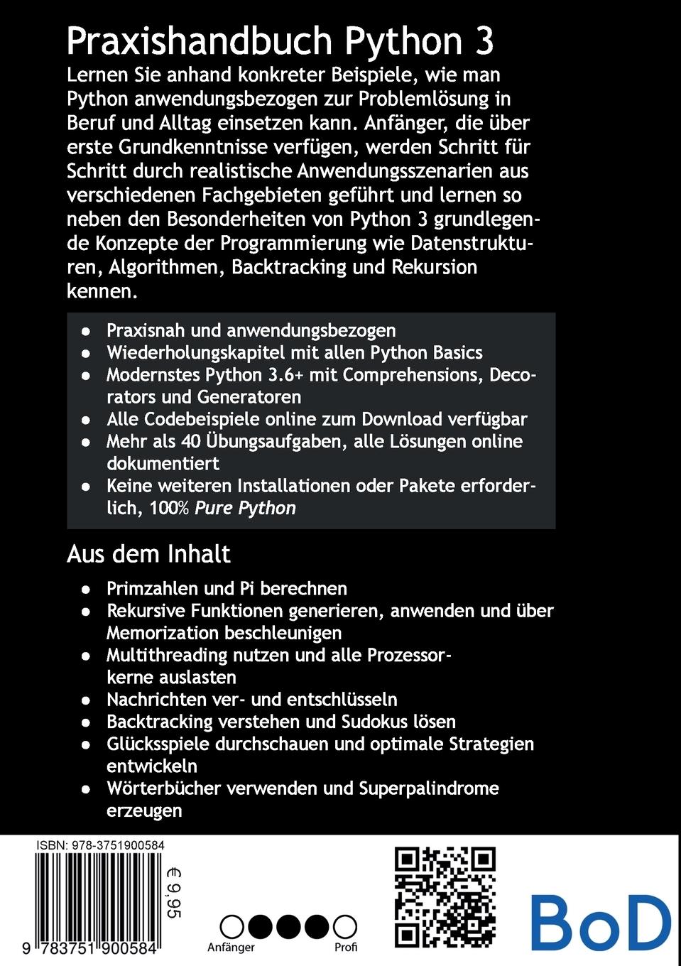 Rückseite: 9783751900584 | Praxishandbuch Python 3 | Felix Bittmann | Taschenbuch | 240 S. | 2020