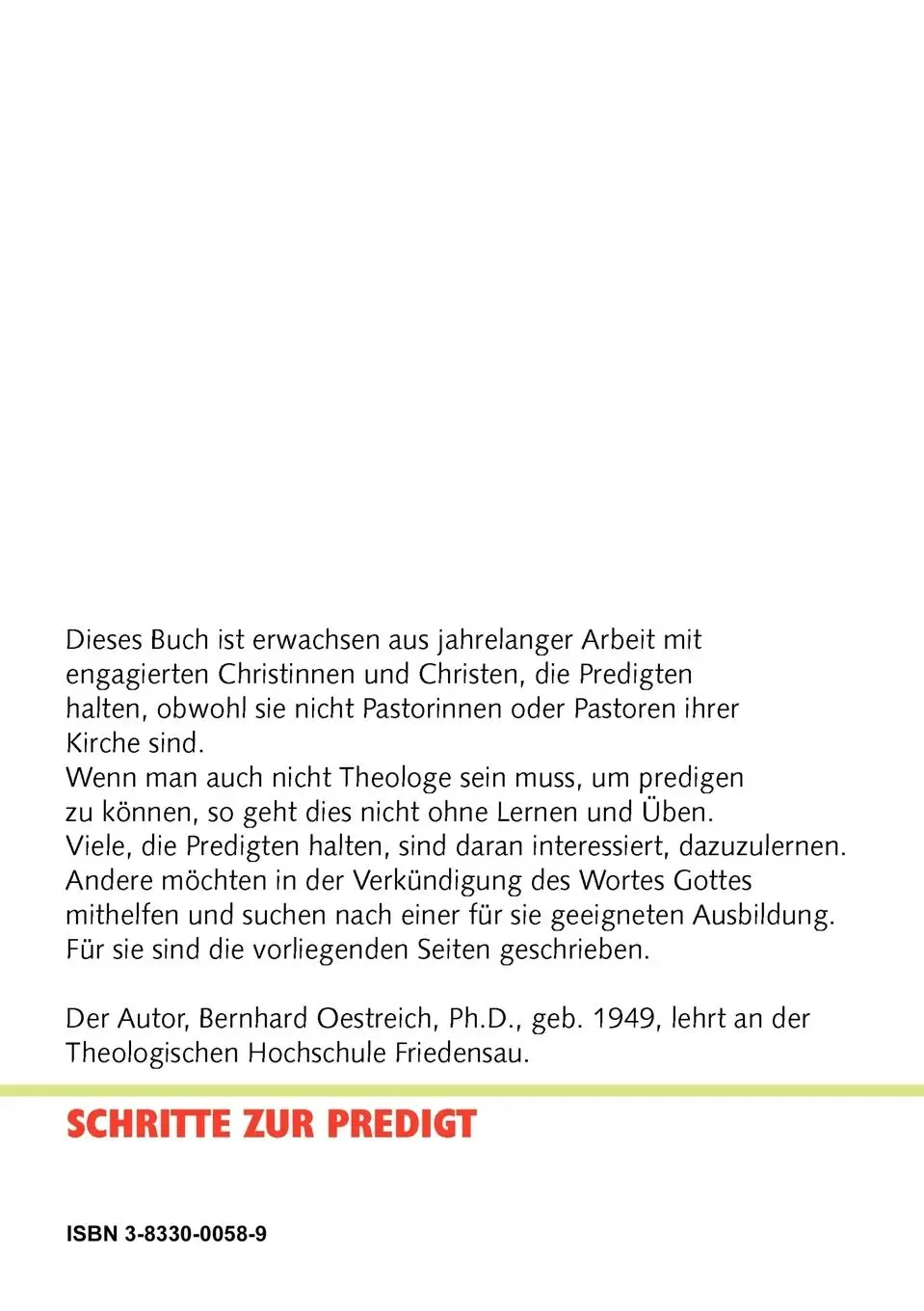 Rückseite: 9783833000584 | Schritte zur Predigt | Bernhard Oestreich | Taschenbuch | 168 S.