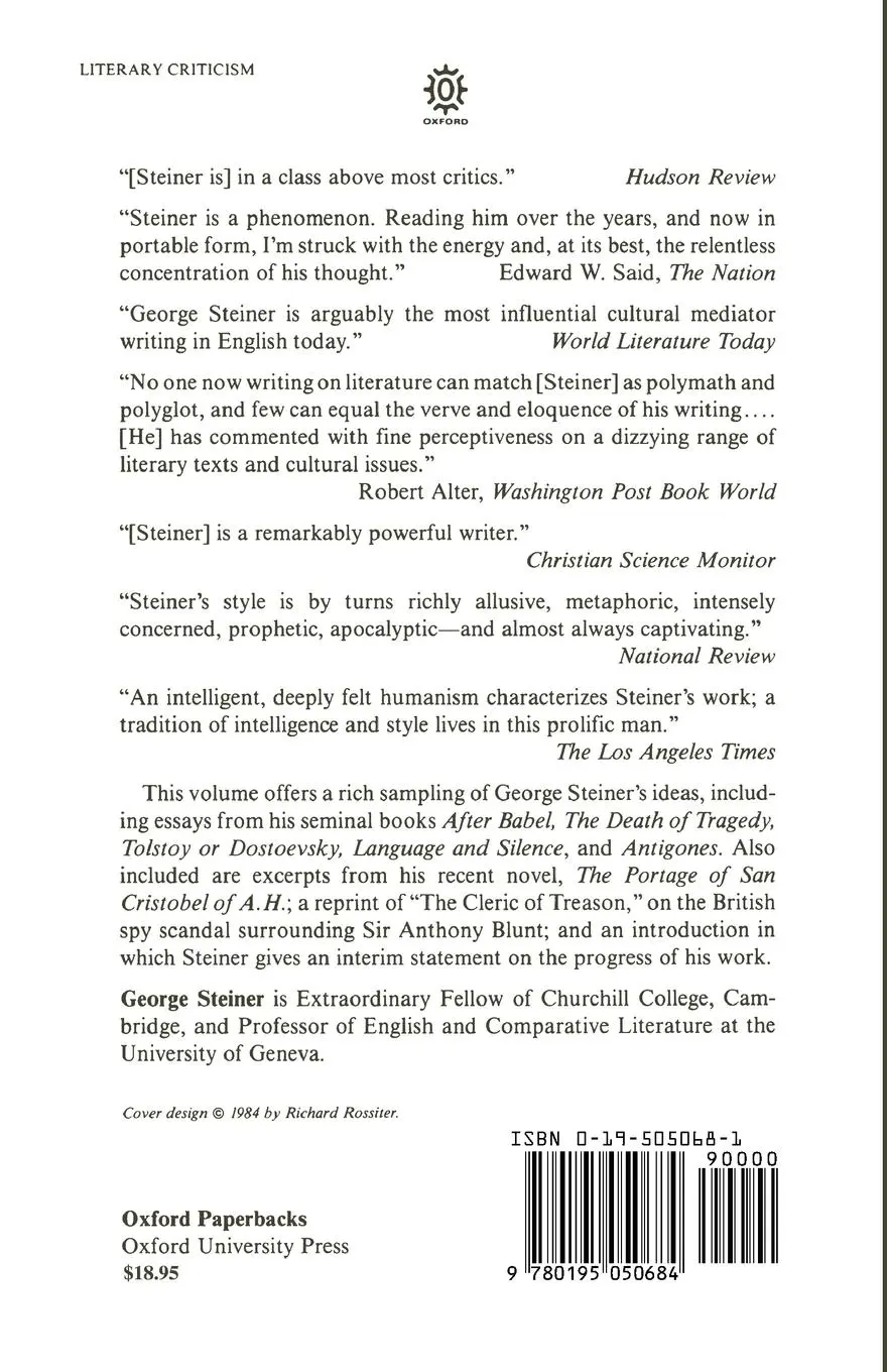 Rückseite: 9780195050684 | George Steiner | A Reader | George Steiner | Taschenbuch | Englisch