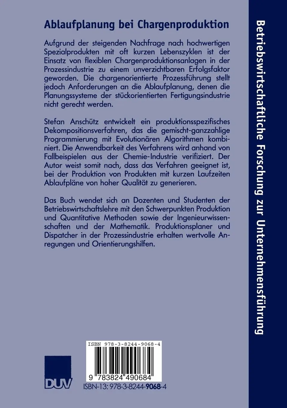 Rückseite: 9783824490684 | Ablaufplanung bei Chargenproduktion | Stefan Anschütz | Taschenbuch