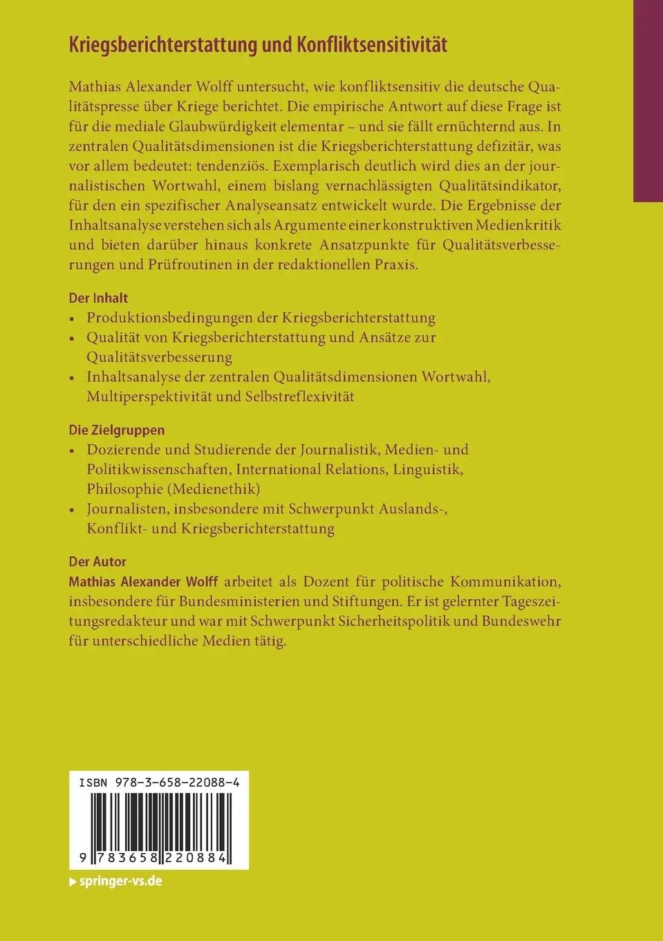 Rückseite: 9783658220884 | Kriegsberichterstattung und Konfliktsensitivität | Wolff | Taschenbuch