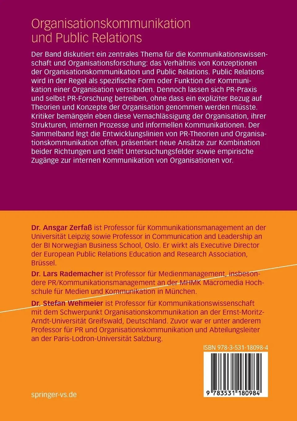 Rückseite: 9783531180984 | Organisationskommunikation und Public Relations | Zerfaß (u. a.) | vi
