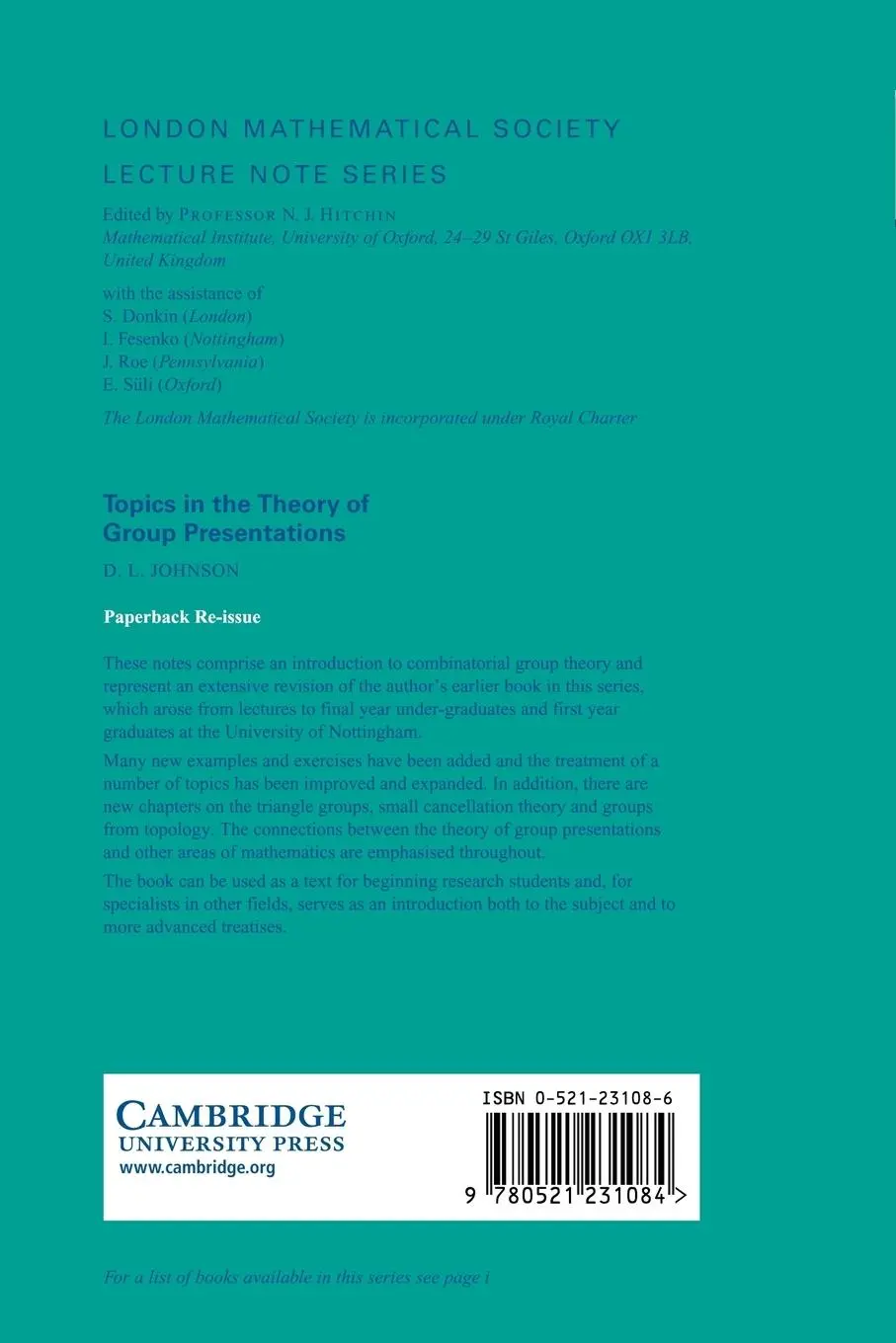 Rückseite: 9780521231084 | Topics in the Theory of Group Presentations | D. L. Johnson (u. a.)