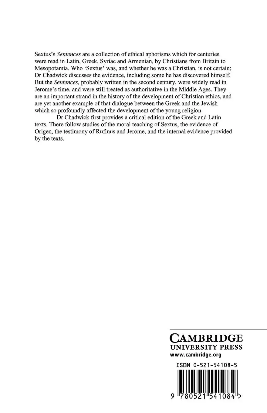 Rückseite: 9780521541084 | The Sentences of Sextus | Henry Chadwick | Taschenbuch | Englisch