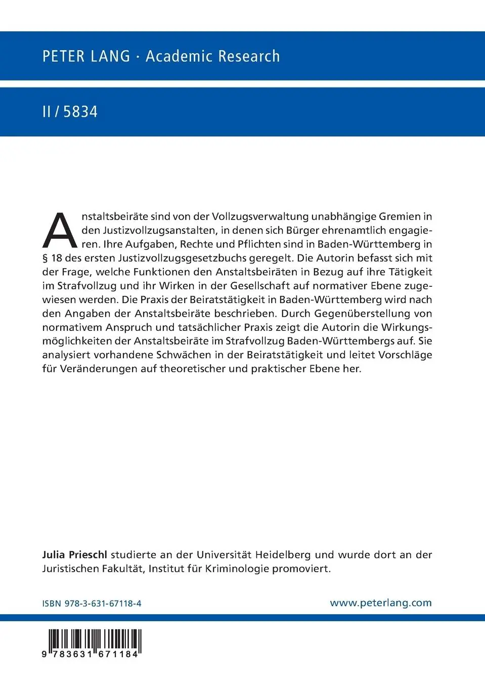 Rückseite: 9783631671184 | Anstaltsbeiräte zwischen normativem Anspruch und tatsächlicher Praxis