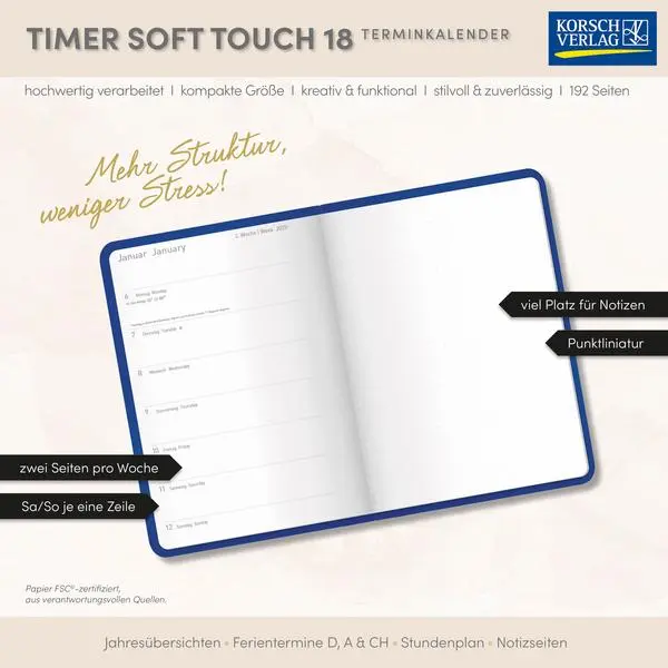 Bild: 9783731891284 | Timer Soft Touch 18 Monate lichtblau 2026/2027 | Verlag Korsch | Buch