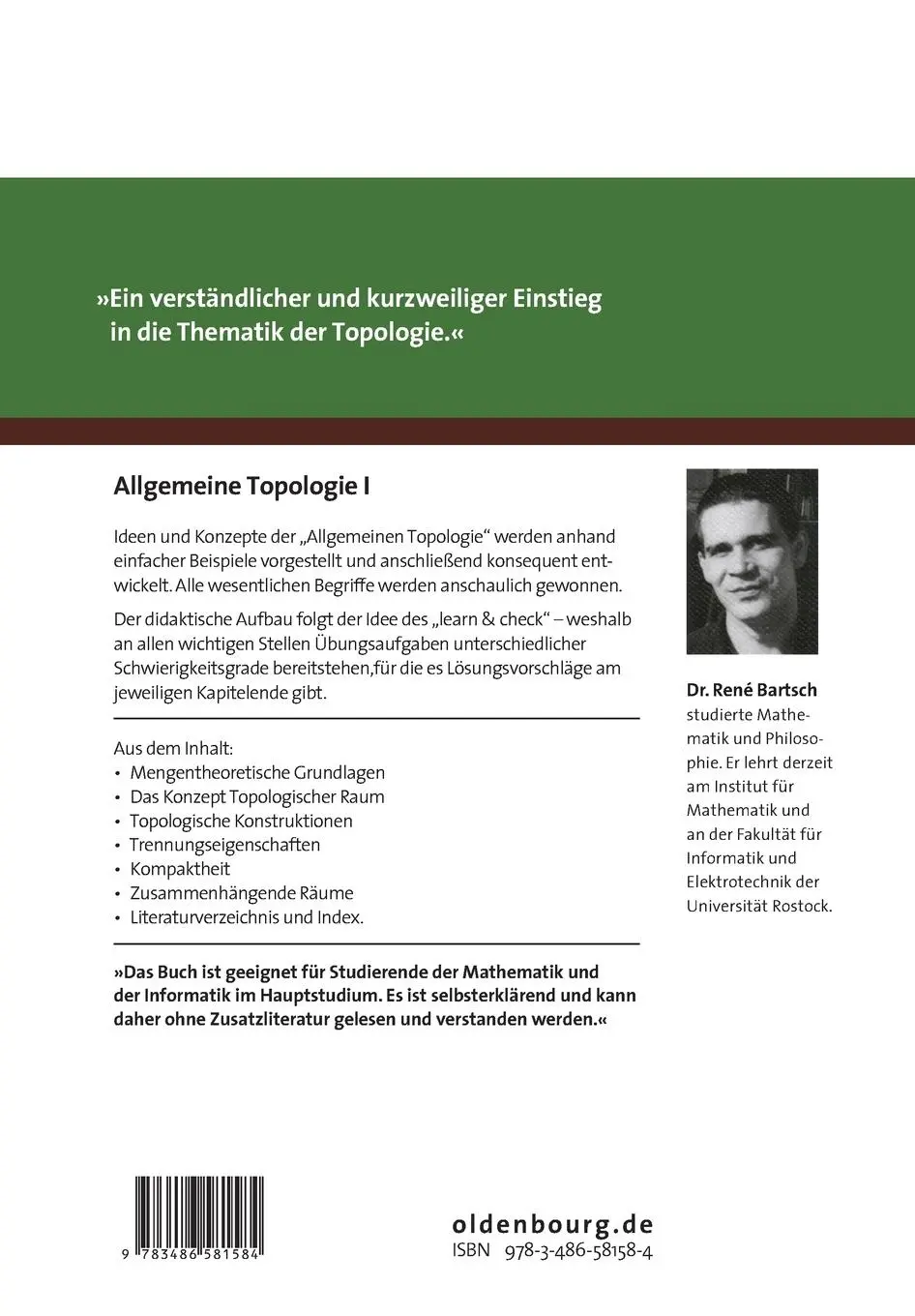 Rückseite: 9783486581584 | Allgemeine Topologie I | René Bartsch | Taschenbuch | XIV | Deutsch