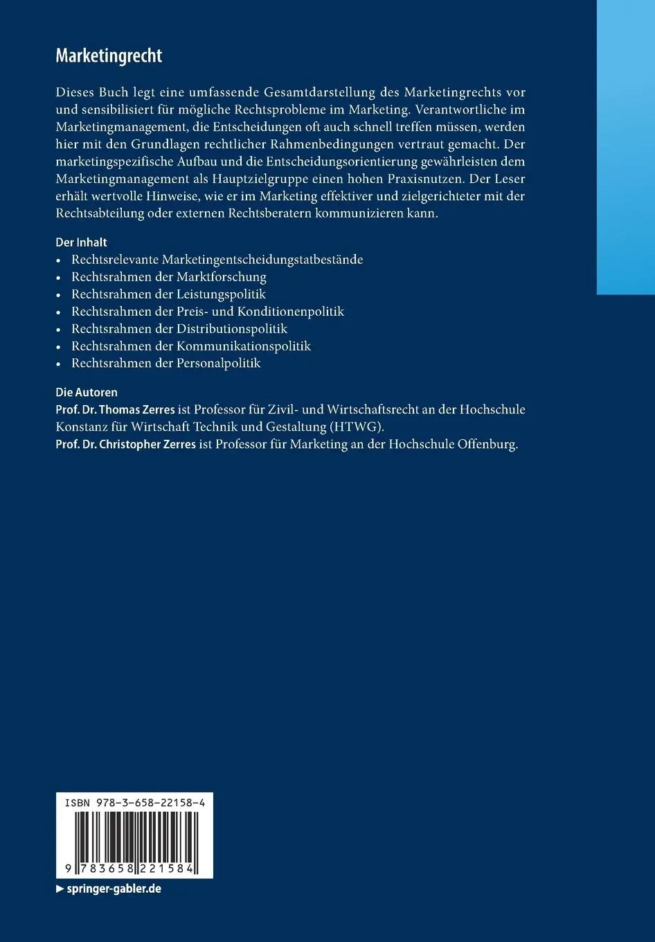 Rückseite: 9783658221584 | Marketingrecht | Rechtsrahmen eines Marketingmanagements | Taschenbuch