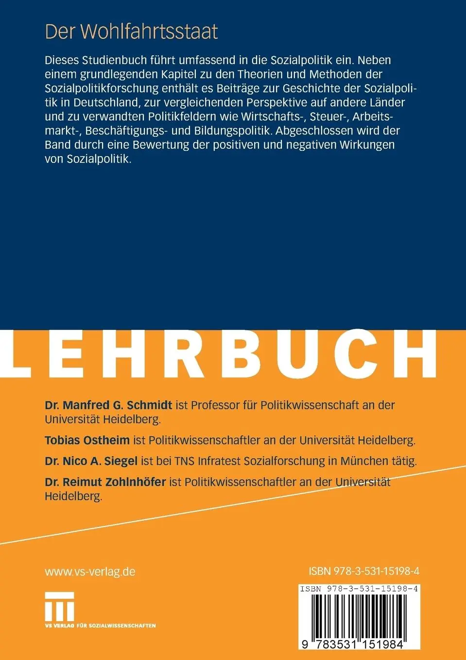 Rückseite: 9783531151984 | Der Wohlfahrtsstaat | Manfred G. Schmidt (u. a.) | Taschenbuch | 2007