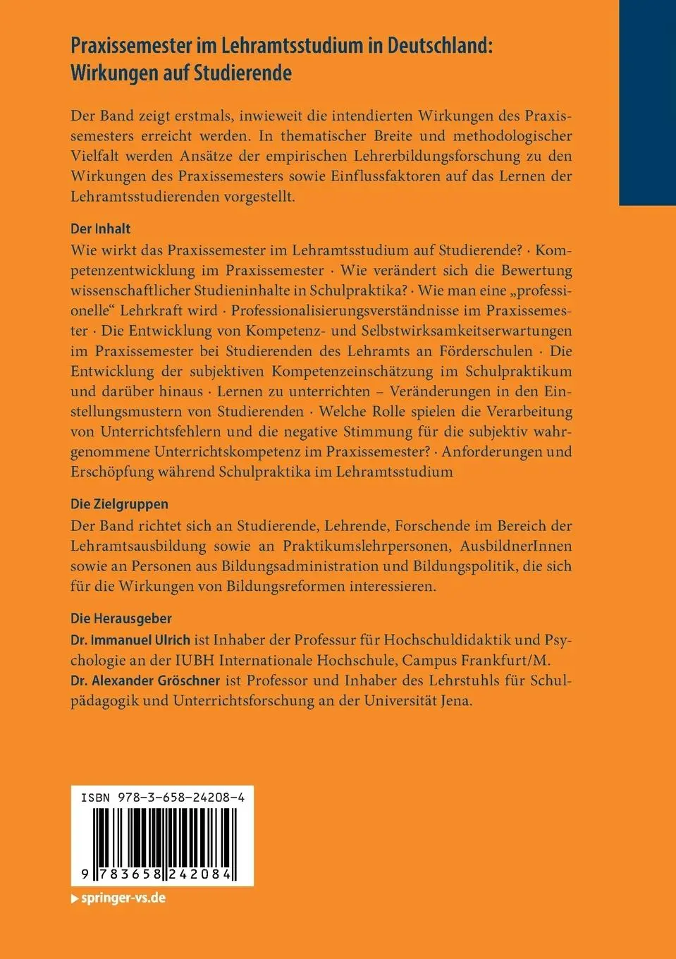 Rückseite: 9783658242084 | Praxissemester im Lehramtsstudium in Deutschland: Wirkungen auf...