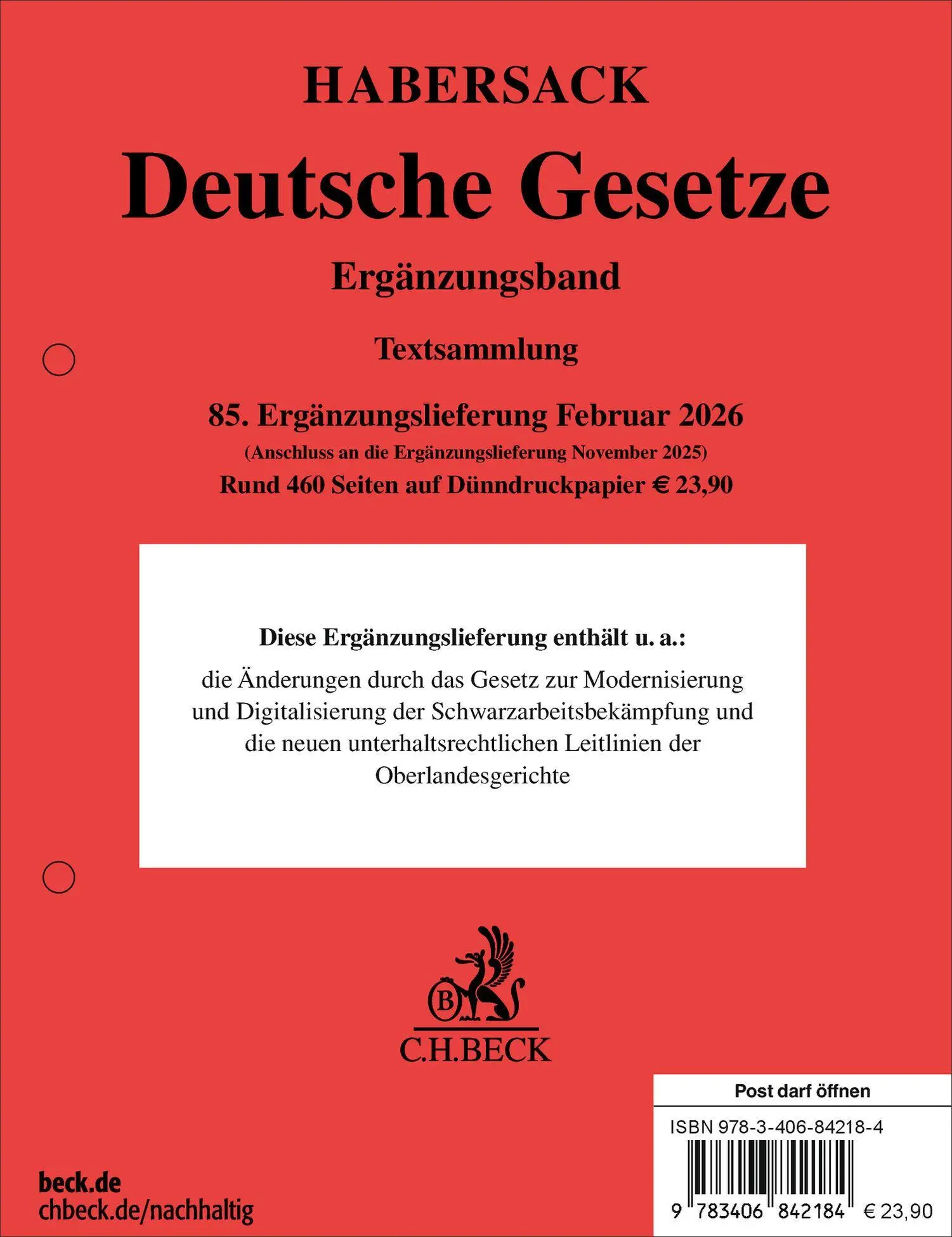 Cover: 9783406842184 | Deutsche Gesetze Ergänzungsband 85. Ergänzungslieferung | in Schlaufe