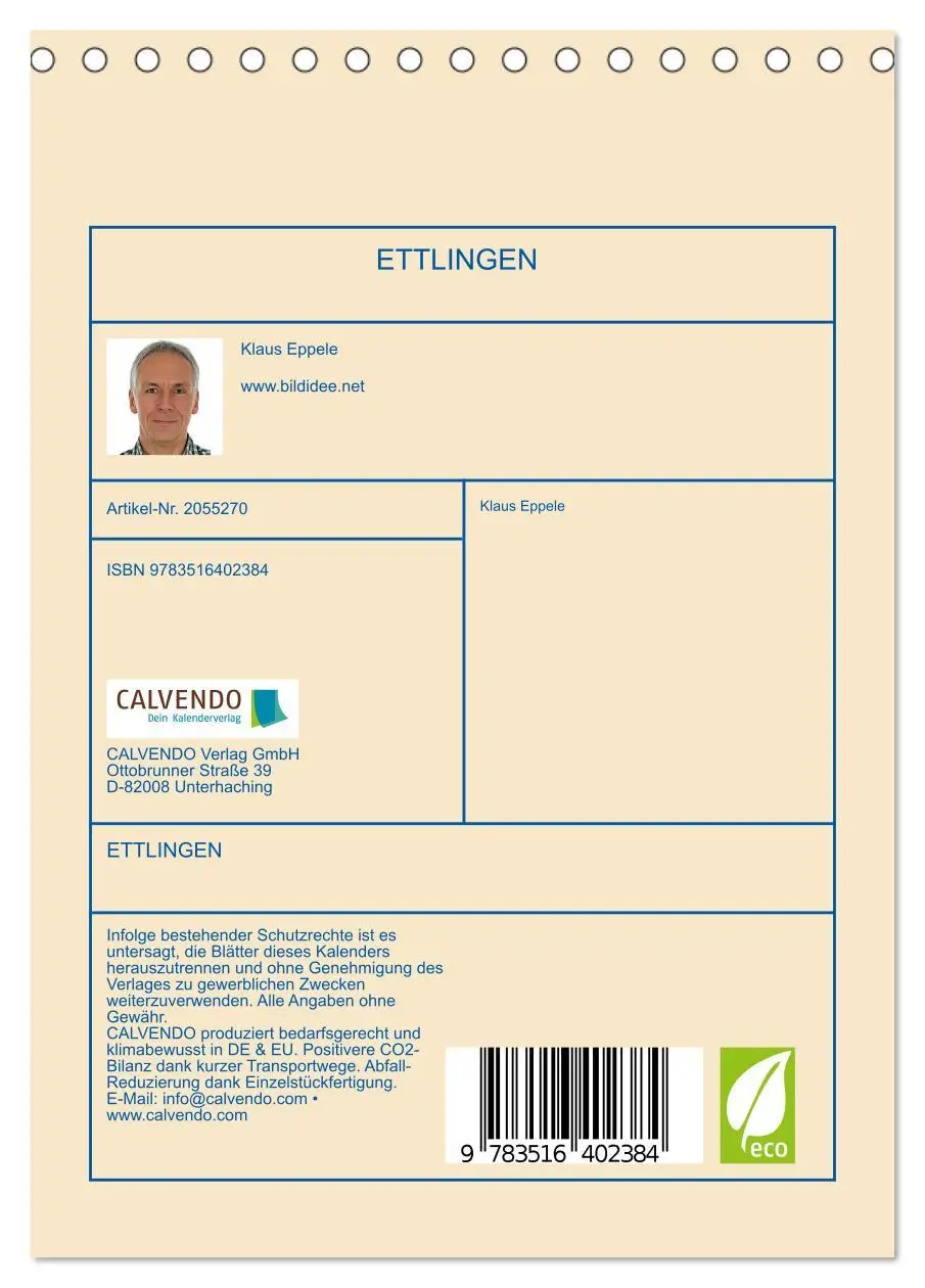 Bild: 9783516402384 | ETTLINGEN (Tischkalender 2026 DIN A5 hoch), CALVENDO Monatskalender
