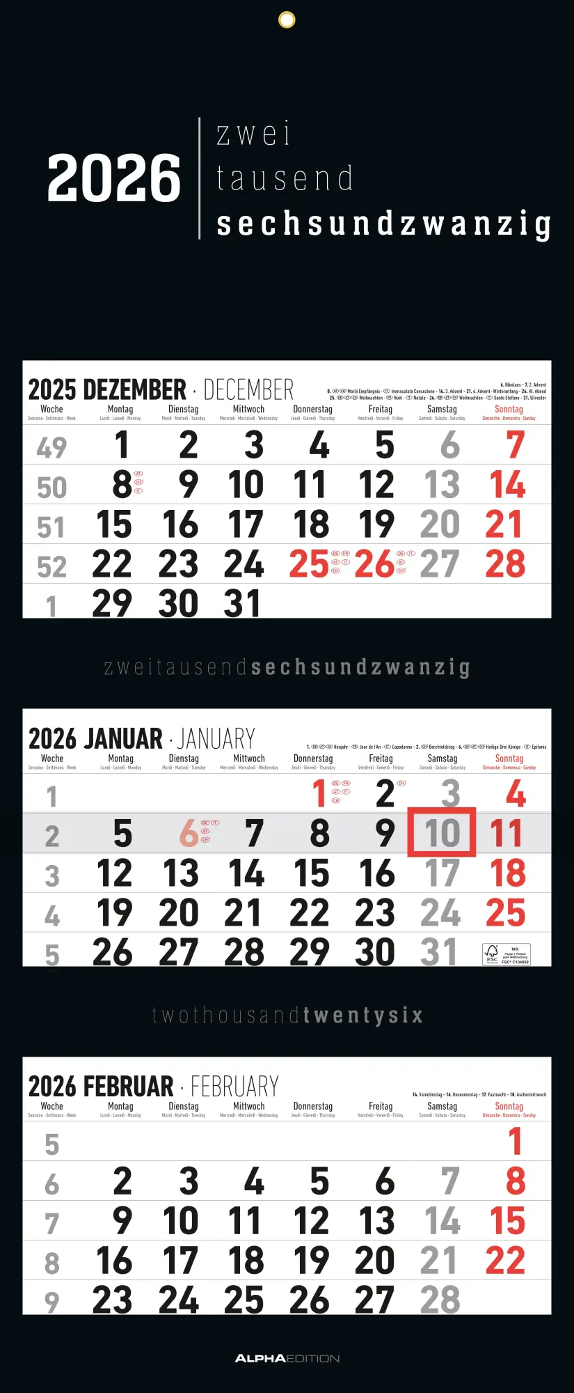 Cover: 4069095002784 | 3-Monatskalender Black 2026 - Büro-Kalender 33x20 cm (geschlossen),...