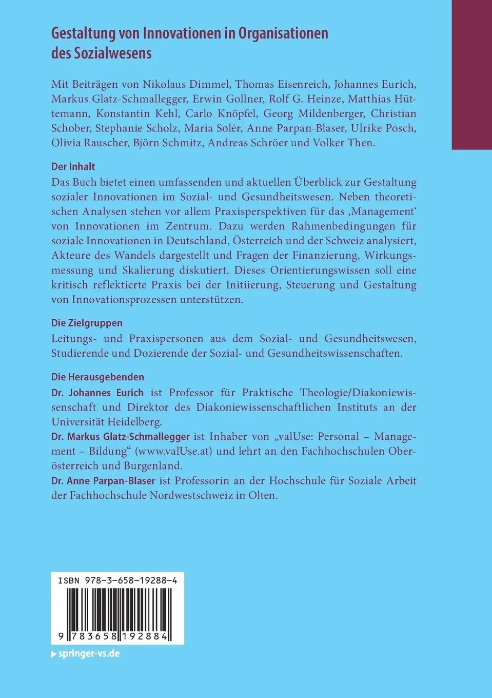 Rückseite: 9783658192884 | Gestaltung von Innovationen in Organisationen des Sozialwesens | Buch