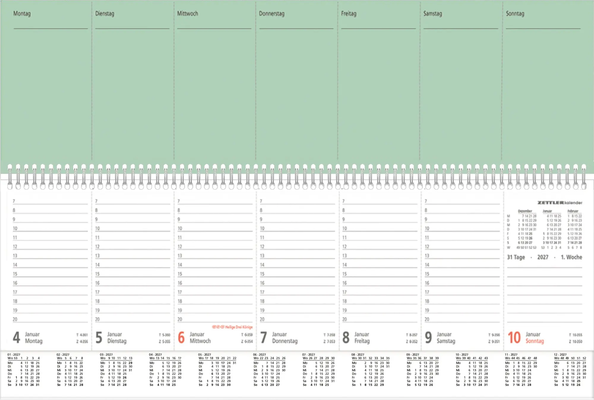 Bild: 4069095013384 | Tischquerkalender 1W/2S PERFO XL grün 2027 | KG | Kalender | 112 S.