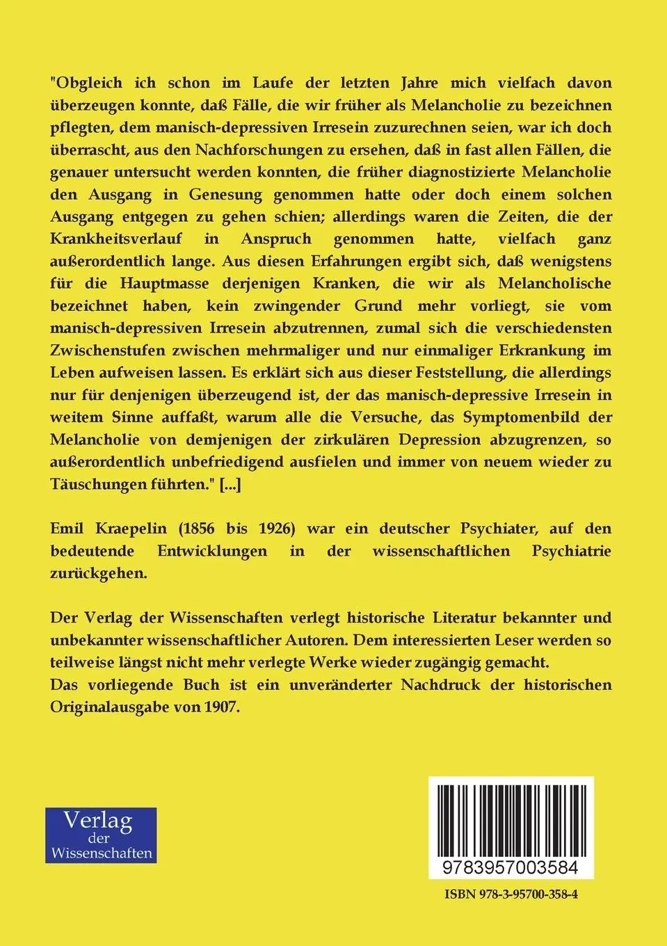 Rückseite: 9783957003584 | Die Melancholie | Ein Zustandsbild des manisch-depressiven Irreseins