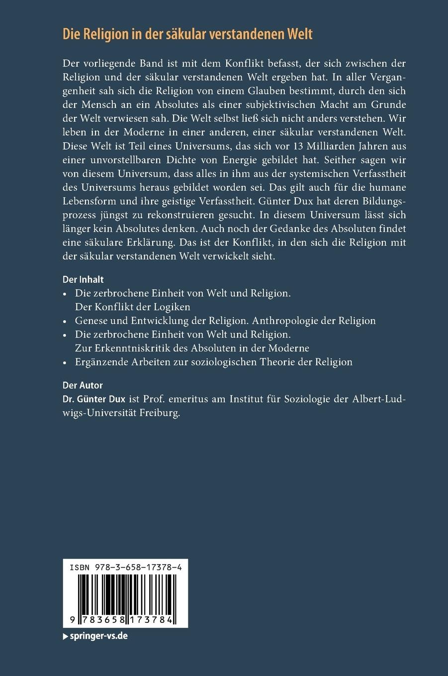 Rückseite: 9783658173784 | Die Religion in der säkular verstandenen Welt | Günter Dux | Buch | xv