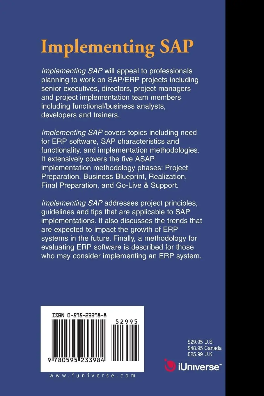 Rückseite: 9780595233984 | Implementing SAP with an ASAP Methodology Focus | Arshad H. Khan