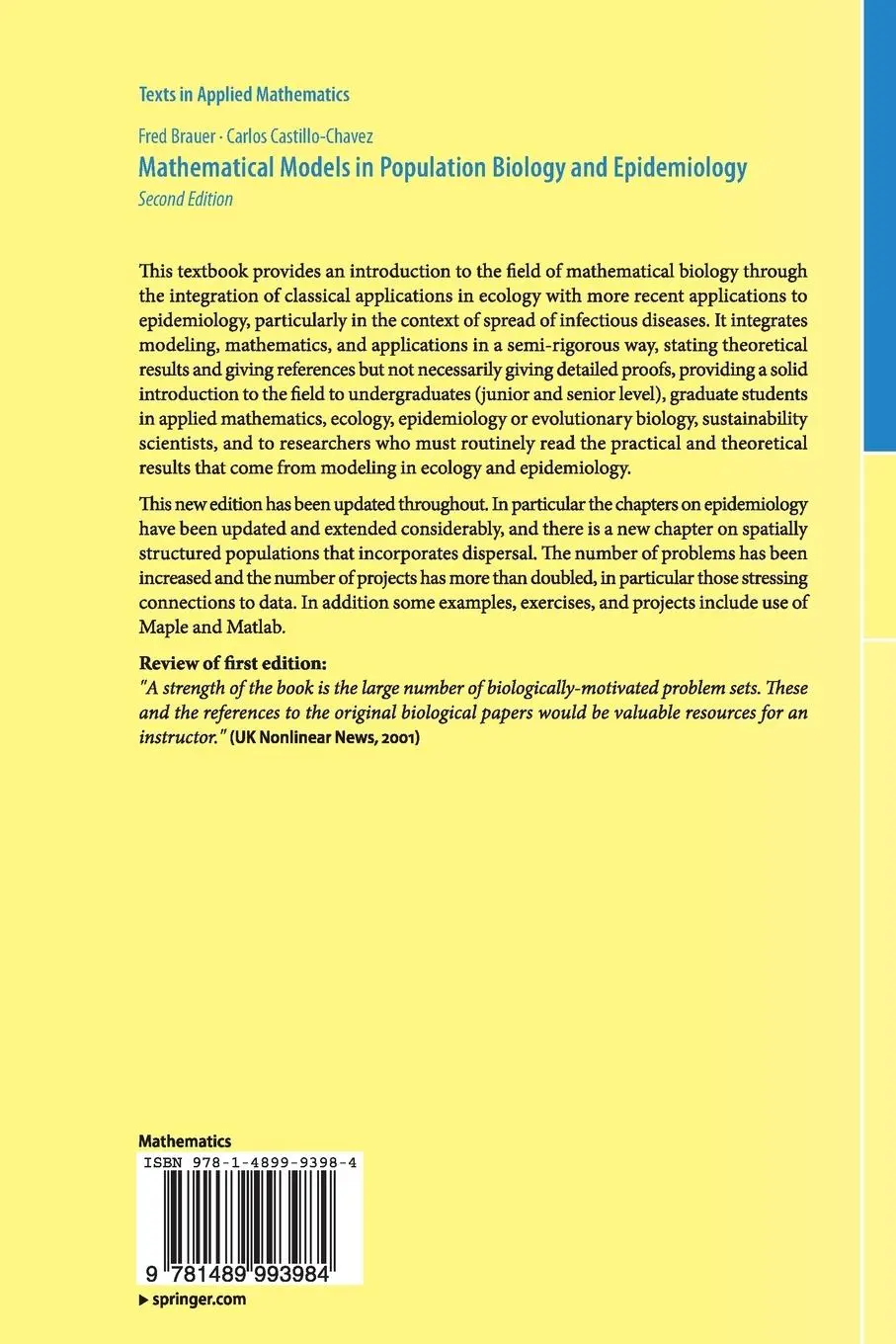 Rückseite: 9781489993984 | Mathematical Models in Population Biology and Epidemiology | Buch