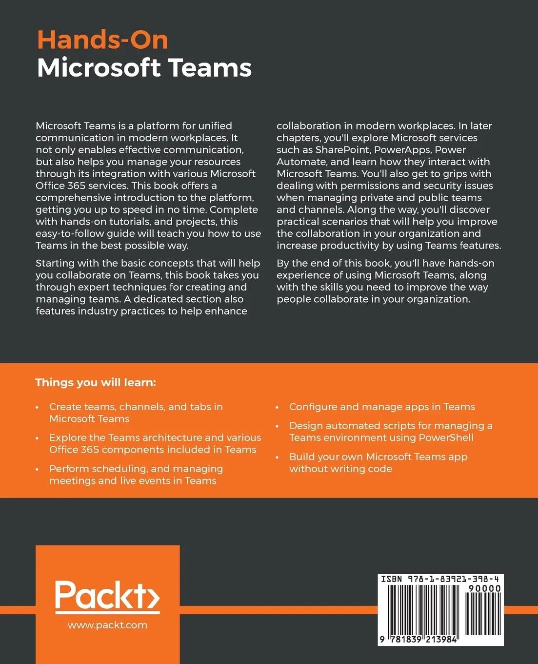 Rückseite: 9781839213984 | Hands-On Microsoft Teams | João Carlos Oliveira Ferreira | Taschenbuch