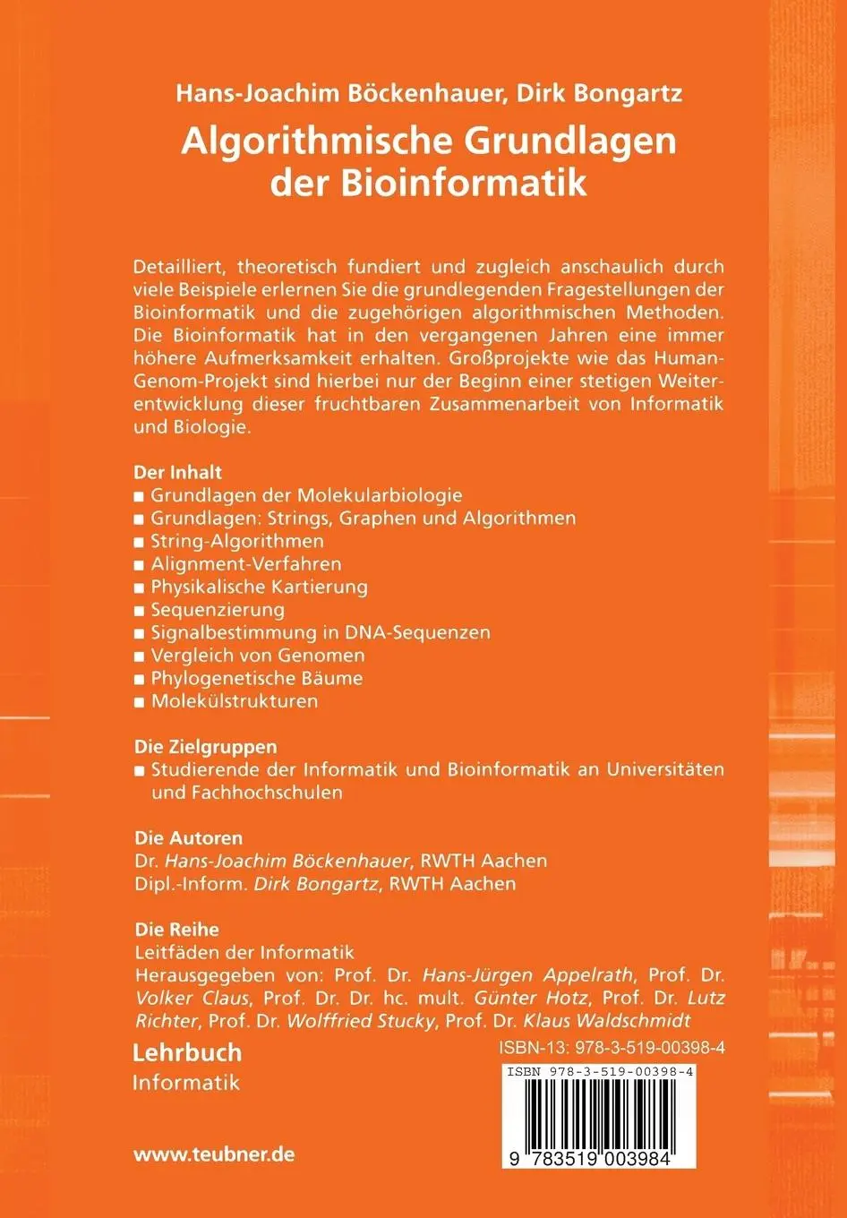 Rückseite: 9783519003984 | Algorithmische Grundlagen der Bioinformatik | Dirk Bongartz (u. a.)
