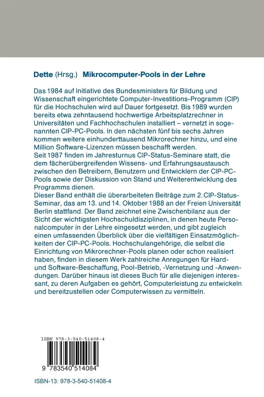 Rückseite: 9783540514084 | Mikrocomputer-Pools in der Lehre | Klaus Dette | Taschenbuch | xiii