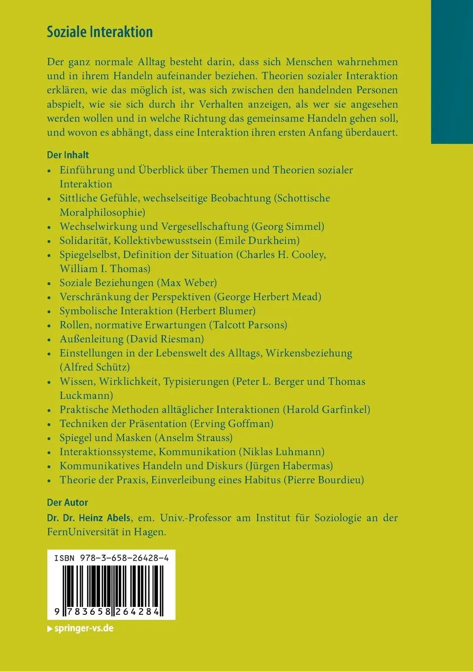 Rückseite: 9783658264284 | Soziale Interaktion | Heinz Abels | Taschenbuch | XIV | Deutsch | 2020
