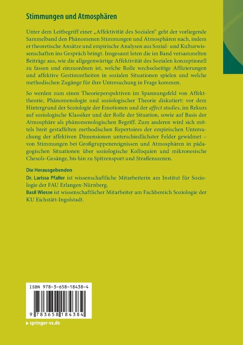 Rückseite: 9783658184384 | Stimmungen und Atmosphären | Zur Affektivität des Sozialen | Buch