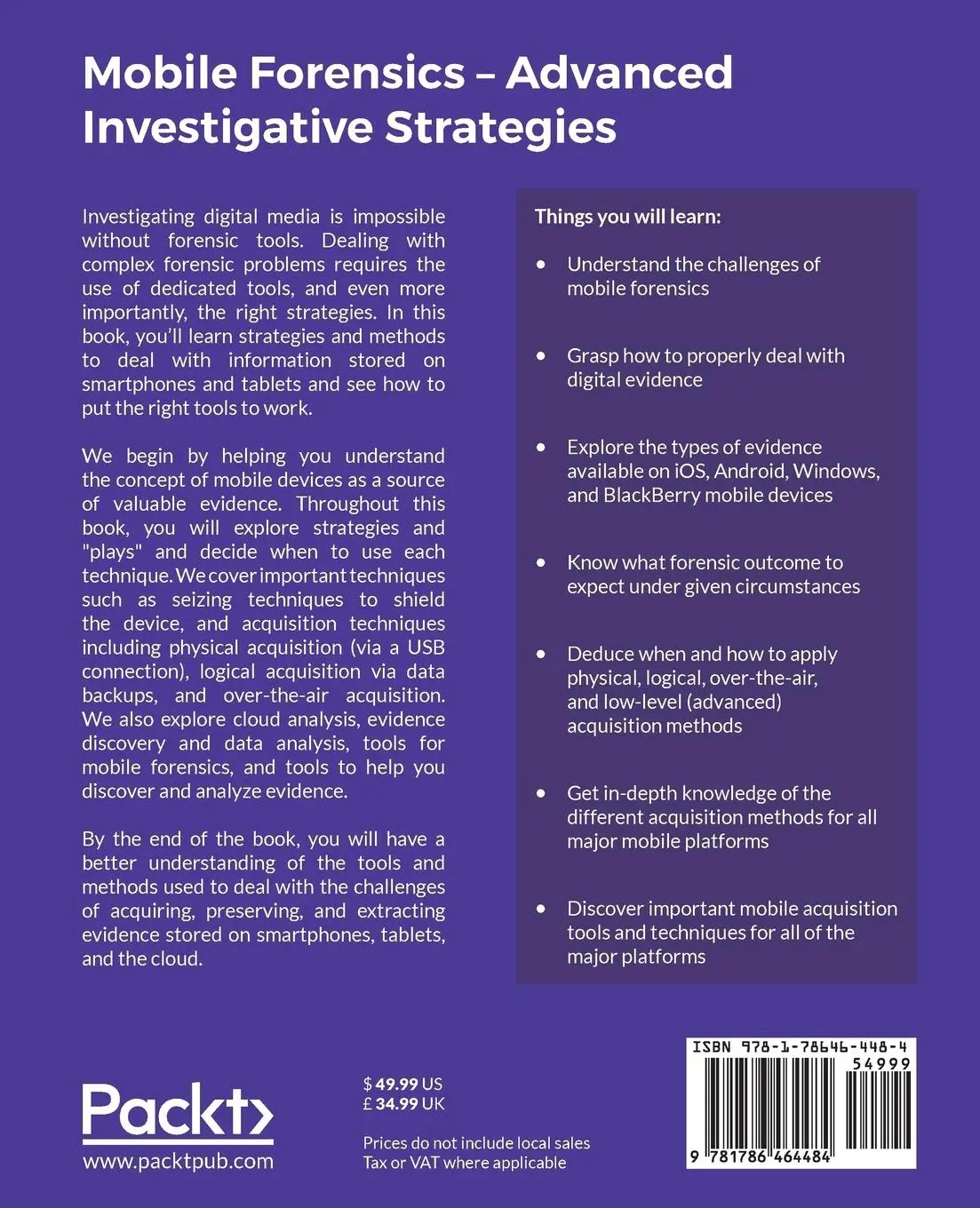 Rückseite: 9781786464484 | Mobile Forensics - Advanced Investigative Strategies | Afonin (u. a.)