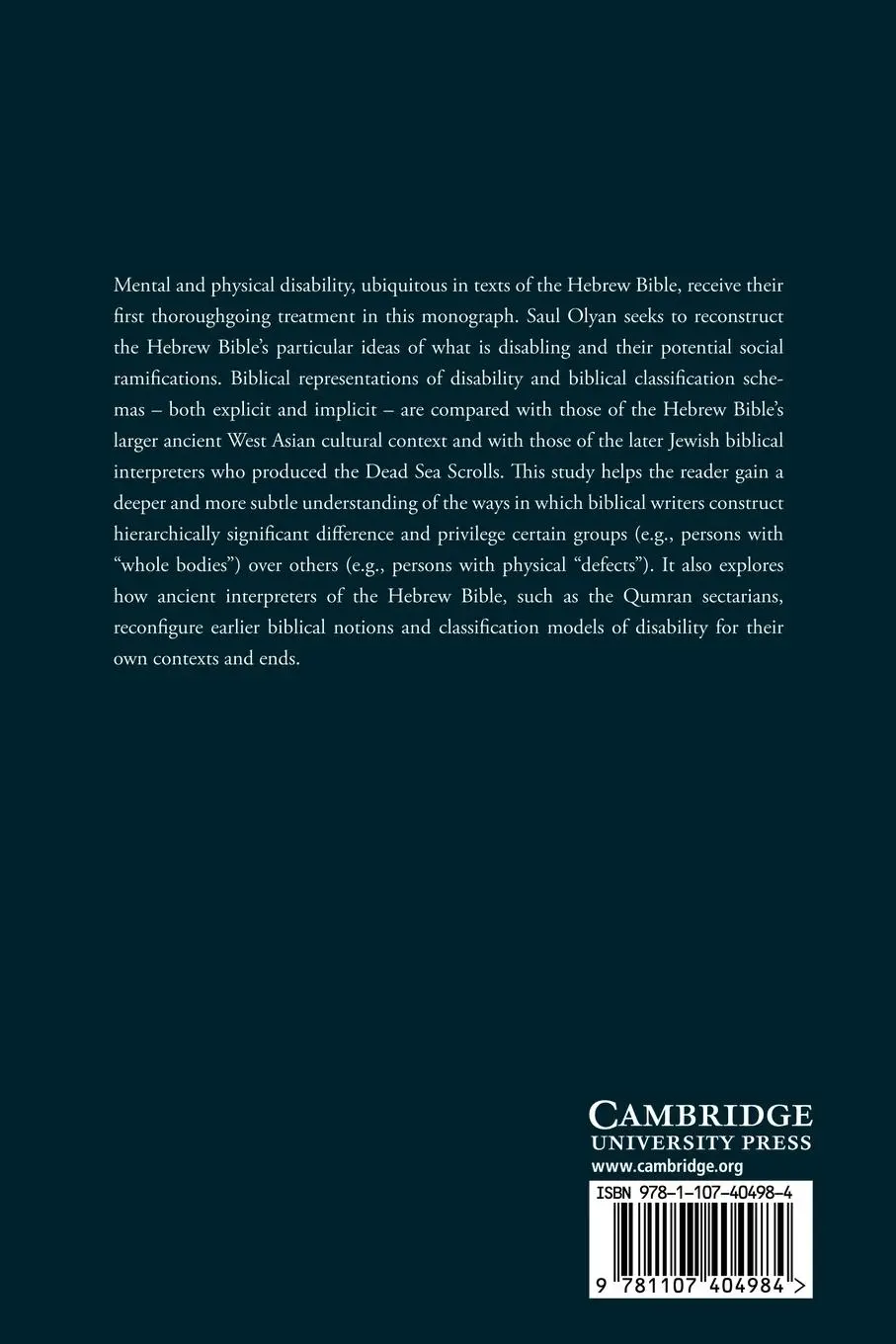 Rückseite: 9781107404984 | Disability in the Hebrew Bible | Saul M. Olyan | Taschenbuch | 2012