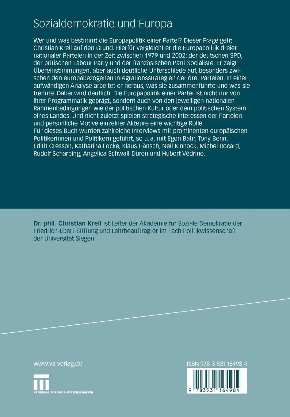 Rückseite: 9783531164984 | Sozialdemokratie und Europa | Christian Krell | Taschenbuch | 522 S.