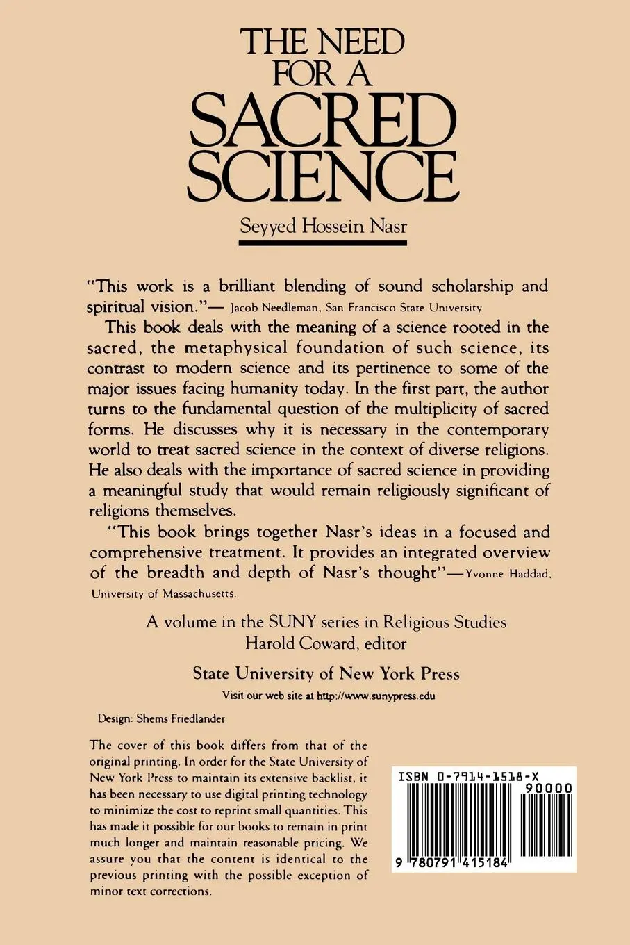Rückseite: 9780791415184 | The Need for a Sacred Science | Seyyed Hossein Nasr | Taschenbuch