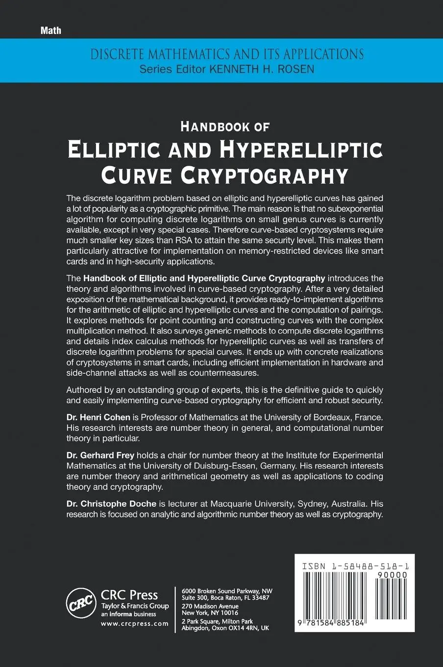 Rückseite: 9781584885184 | Handbook of Elliptic and Hyperelliptic Curve Cryptography | Buch