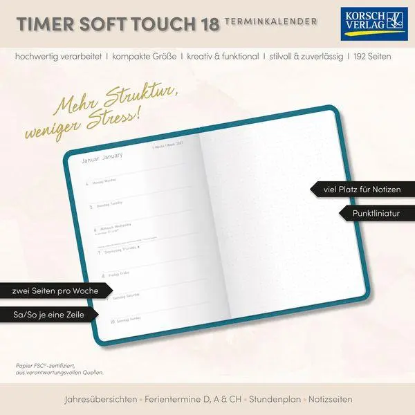 Bild: 9783819305184 | Timer Soft Touch 18 Monate petrol 2027/2028 | Korsch Verlag | Buch