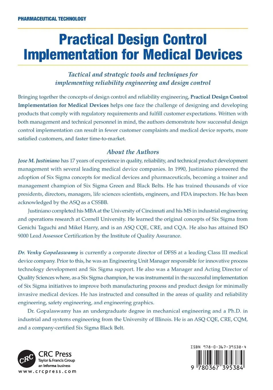 Rückseite: 9780367395384 | Practical Design Control Implementation for Medical Devices | Buch