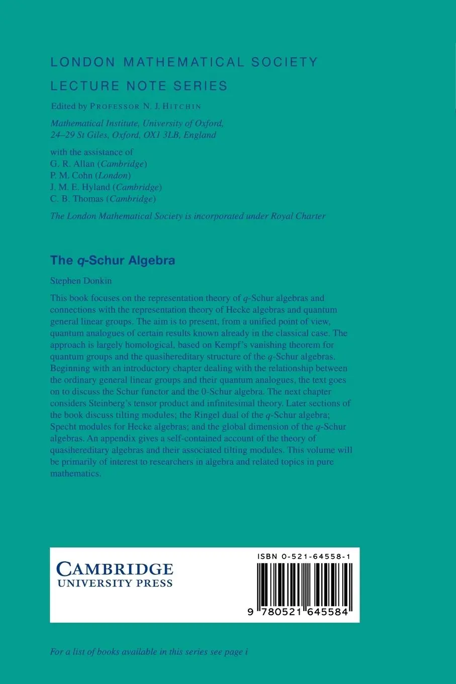 Rückseite: 9780521645584 | The Q-Schur Algebra | Stephen Donkin (u. a.) | Taschenbuch | Englisch
