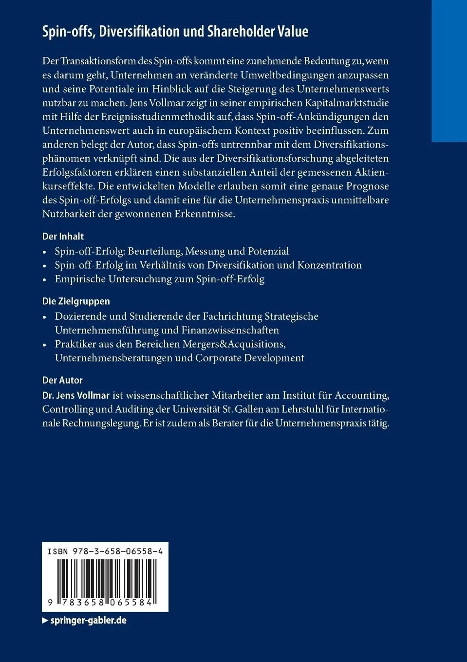 Rückseite: 9783658065584 | Spin-offs, Diversifikation und Shareholder Value | Jens Vollmar | Buch