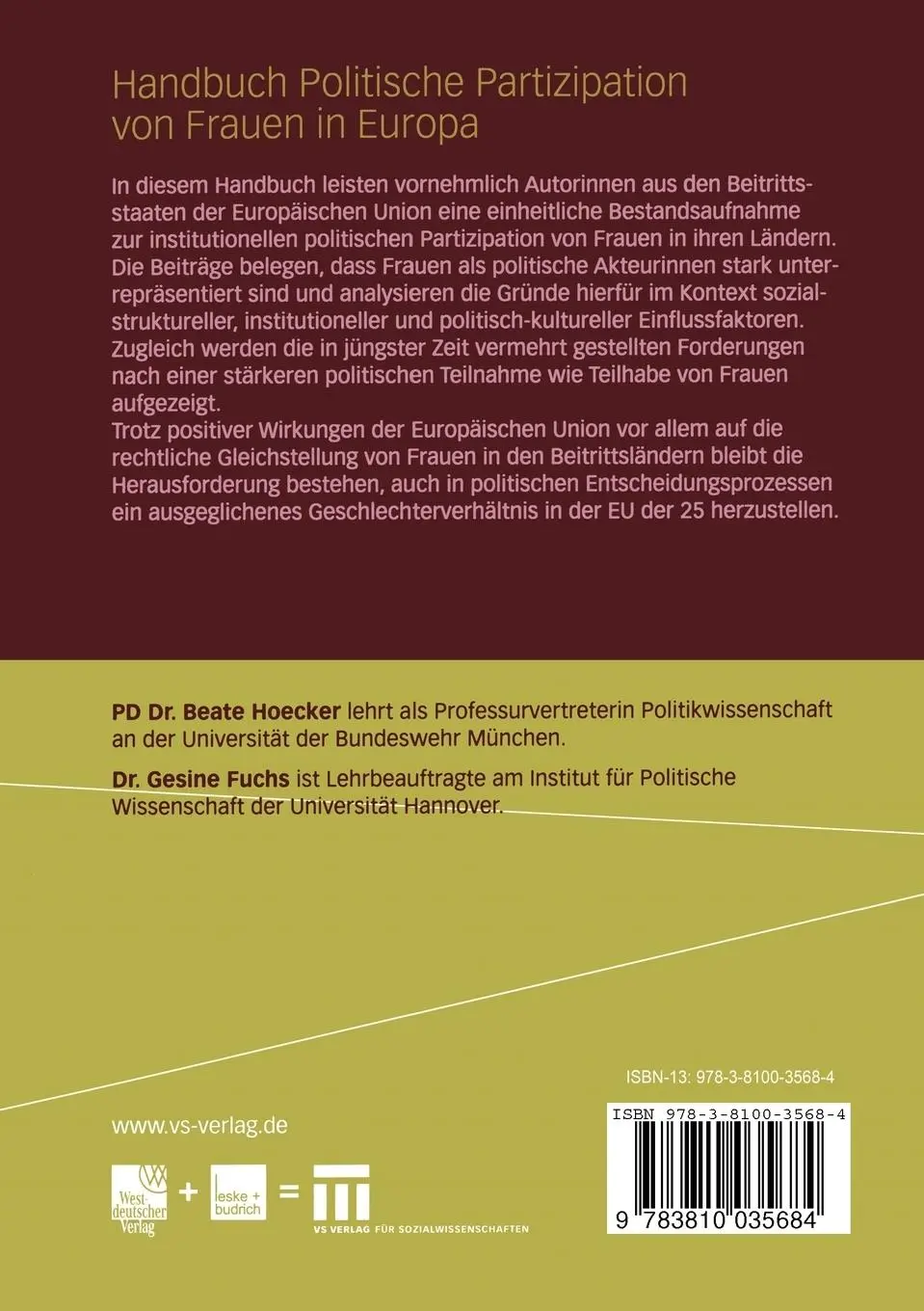Rückseite: 9783810035684 | Handbuch Politische Partizipation von Frauen in Europa | Fuchs (u. a.)