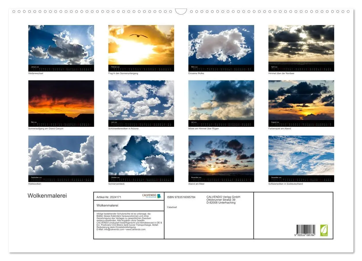 Bild: 9783516095784 | Wolkenmalerei (Wandkalender 2026 DIN A2 quer), CALVENDO Monatskalender