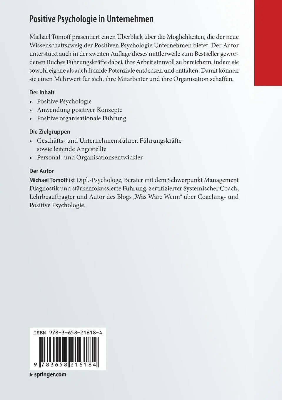 Rückseite: 9783658216184 | Positive Psychologie in Unternehmen | Für Führungskräfte | Tomoff
